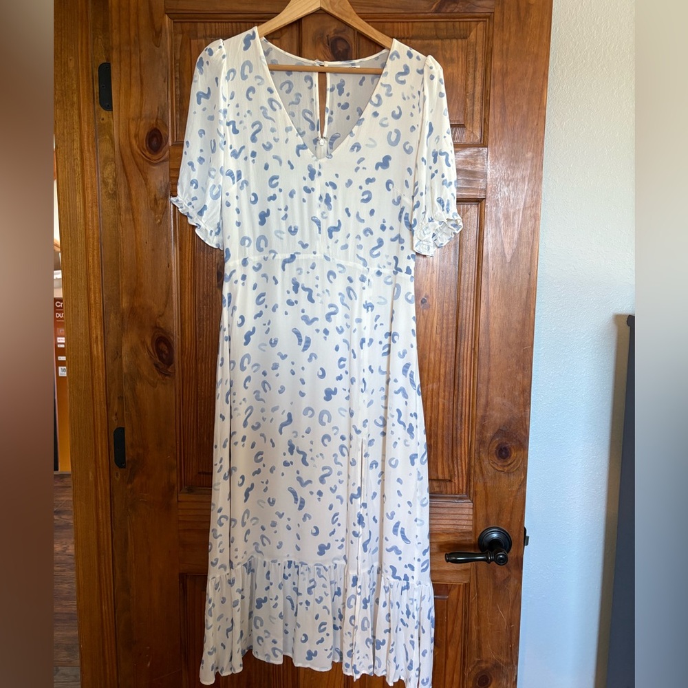 Reformation Blue and White Ruffled Maxi Sundress